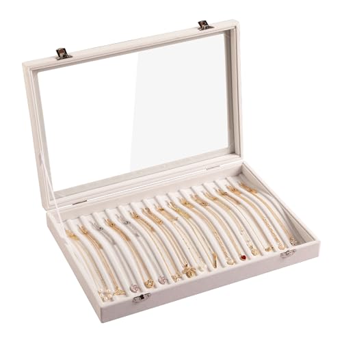 Frebeauty 15 Haken Halskette Tablett Samt Hals Organizer mit klarem Deckel abschließbare Halskette Halter Box Schmuck Organizer für Anhänger Ketten Halskette Jeweley Tablett für Frauen Mädch (Beige). von Frebeauty