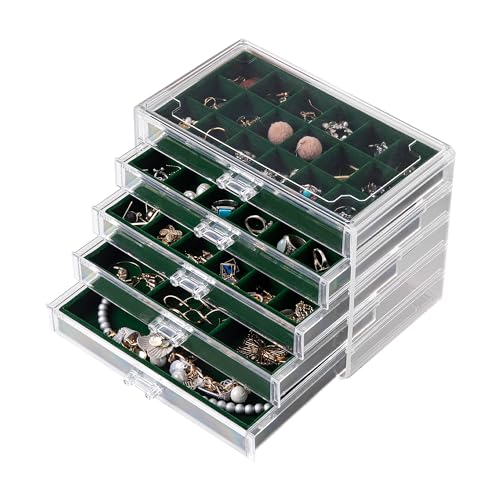 Frebeauty Acryl-Schmuck-Organizer, Ohrring-Organizer-Box mit 5 Schubladen, Ohrringhalter, Organizer mit Samtablagen, transparente Schmuckschatulle für Damen, Ohrring-Display für Ringe, Ohrstecker Frebeauty Acryl-Schmuck-Organizer, Ohrring-Organizer-Box mit 5 Schubladen, Ohrringhalter, Organizer mit Samtablagen, transparente Schmuckschatulle für Damen, Ohrring-Display für Ringe, Ohrstecker von Frebeauty