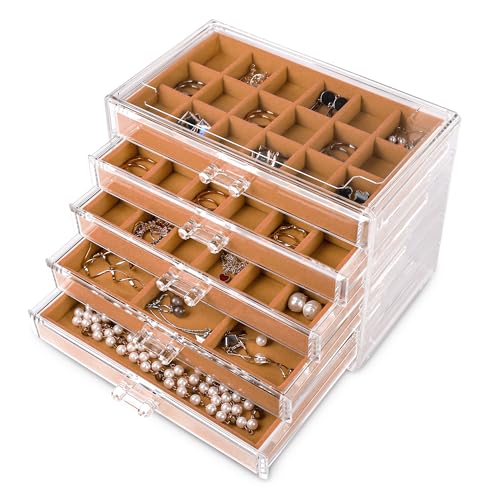 Frebeauty Acryl-Schmuck-Organizer, Ohrring-Organizer-Box mit 5 Schubladen, Organizer mit Samtablagen, transparente Schmuckschatulle für Damen, Ohrring-Display für Ringe, Ohrstecker (Khaki) von Frebeauty
