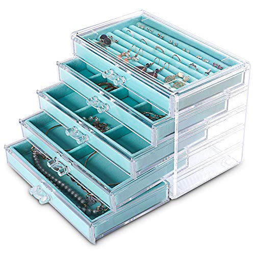 Frebeauty Extra große Acryl-Schmuckschatulle für Frauen, 5 Schichten, transparenter Schmuck-Organizer, Samt-Ohrring-Box mit 5 Schubladen, Ringe, Vitrine, Halskettenhalter (türkis) von Frebeauty