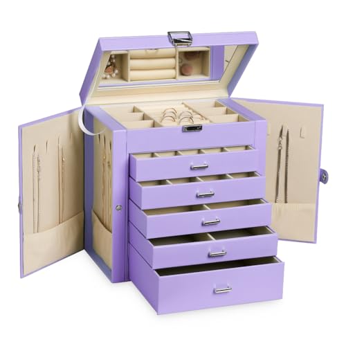 Frebeauty Große Schmuckschatulle, 6 Ebenen, PU-Leder, Schmuck-Organizer mit Schloss Aufbewahrungsbox mit Spiegel, Zubehörhalter mit 5 Schubladen für Ohrringe, Halsketten, Armbänder für Frauen(lila) Frebeauty Große Schmuckschatulle, 6 Ebenen, PU-Leder, Schmuck-Organizer mit Schloss Aufbewahrungsbox mit Spiegel, Zubehörhalter mit 5 Schubladen für Ohrringe, Halsketten, Armbänder für Frauen(lila) von Frebeauty