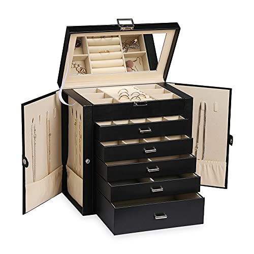 Frebeauty Große Schmuckschatulle, 6-stöckig, PU-Leder, Schmuck-Organizer mit Schloss, multifunktionale Aufbewahrungsbox mit Spiegel, Zubehörhalter mit 5 Schubladen für Halsketten, Armbänder, Uhren von Frebeauty