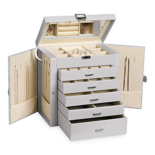 Frebeauty Große Schmuckschatulle, 6-stöckig, PU-Leder, Schmuck-Organizer, multifunktionale Aufbewahrungsbox mit Spiegel, Zubehörhalter mit 5 Schubladen für Halsketten, Armbänder, Uhren (grau) Frebeauty Große Schmuckschatulle, 6-stöckig, PU-Leder, Schmuck-Organizer, multifunktionale Aufbewahrungsbox mit Spiegel, Zubehörhalter mit 5 Schubladen für Halsketten, Armbänder, Uhren (grau) von Frebeauty