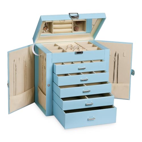 Frebeauty Große Schmuckschatulle, 6-stöckig, PU-Leder, Schmuck-Organizer, multifunktionale Aufbewahrungsbox mit Spiegel, Zubehörhalter mit 5 Schubladen für Halsketten, Armbänder, Uhren (Himmelblau) Frebeauty Große Schmuckschatulle, 6-stöckig, PU-Leder, Schmuck-Organizer, multifunktionale Aufbewahrungsbox mit Spiegel, Zubehörhalter mit 5 Schubladen für Halsketten, Armbänder, Uhren (Himmelblau) von Frebeauty