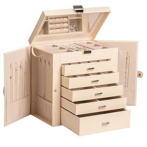 Frebeauty Große Schmuckschatulle, 6-stöckig, PU-Leder, Schmuck-Organizer, multifunktionale Aufbewahrungsbox mit Spiegel, Zubehörhalter mit 5 Schubladen für Halsketten, Armbänder, Uhren (Beige) Frebeauty Große Schmuckschatulle, 6-stöckig, PU-Leder, Schmuck-Organizer, multifunktionale Aufbewahrungsbox mit Spiegel, Zubehörhalter mit 5 Schubladen für Halsketten, Armbänder, Uhren (Beige) von Frebeauty