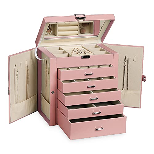 Frebeauty Große Schmuckschatulle, 6-stöckig, PU-Leder, Schmuck-Organizer mit Schloss, multifunktionale Aufbewahrungsbox mit Spiegel, Zubehörhalter mit 5 Schubladen für Ohrringe, Halsketten, Armbänder, von Frebeauty