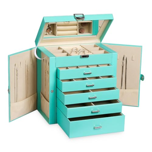 Frebeauty Große Schmuckschatulle 6 Ebenen PU-Leder, Schmuck-Organizer mit Schloss Aufbewahrungsbox mit Spiegel, Zubehörhalter mit 5 Schubladen für Ohrringe, Halsketten, Armbänder für Frauen (türkis) Frebeauty Große Schmuckschatulle 6 Ebenen PU-Leder, Schmuck-Organizer mit Schloss Aufbewahrungsbox mit Spiegel, Zubehörhalter mit 5 Schubladen für Ohrringe, Halsketten, Armbänder für Frauen (türkis) von Frebeauty