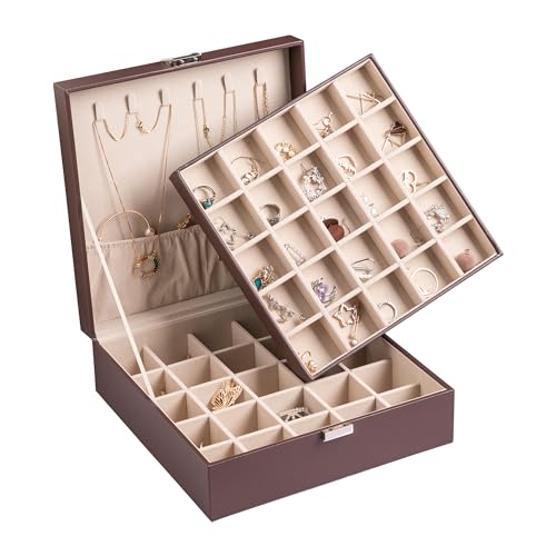 Frebeauty Klassische Schmuckschatulle, 50 Fächer, Ohrringaufbewahrung, zweilagig, mit 6 Haken für Halsketten und Armbandtasche (Dunkelbraun) von Frebeauty