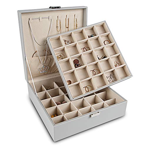 Frebeauty Ohrring-Organizer, klassische Schmuckschatulle, 50 Fächer, doppellagig, Schmuck-Aufbewahrungsbox mit 6 Halskettenhaken und Armbandtasche (grau) von Frebeauty