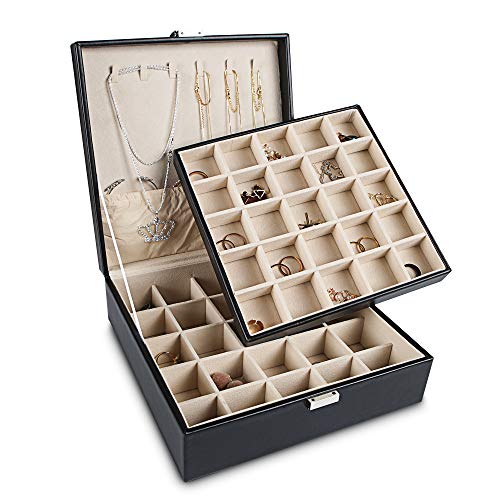 Frebeauty Ohrring-Organizer, klassische Schmuckschatulle, 50 Fächer, doppellagig, Schmuck-Aufbewahrungsbox mit 6 Halskettenhaken und Armbandtasche (schwarz) von Frebeauty