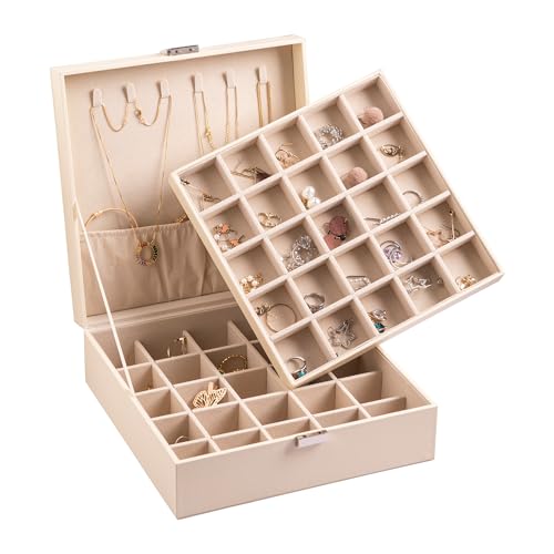 Frebeauty Ohrring-Organizer, klassische Schmuckschatulle, 50 Fächer, doppellagig, Schmuck-Aufbewahrungskoffer (Beige) von Frebeauty
