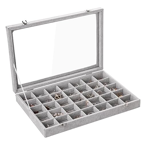 Frebeauty Samt Schmucktablett 35 Gitter Schmuck Organizer mit durchsichtigem Deckel Ohrring Organizer Halter Etui mit Verschluss Schubladeneinsatz für Ringe Ohrstecker Geschenk (Grau 35 Gitter) von Frebeauty