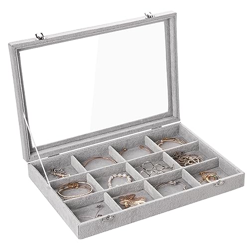 Frebeauty Schmuck Tablett 12 Gitter Samt Schmuck Organizer Aufbewahrungsbox mit klarem Deckel Schublade Schmuck Halter Vitrine mit Schließe Anhänger Armbänder Halskette für Frauen (Grau, 12 Gitter) Frebeauty Schmuck Tablett 12 Gitter Samt Schmuck Organizer Aufbewahrungsbox mit klarem Deckel Schublade Schmuck Halter Vitrine mit Schließe Anhänger Armbänder Halskette für Frauen (Grau, 12 Gitter) von Frebeauty