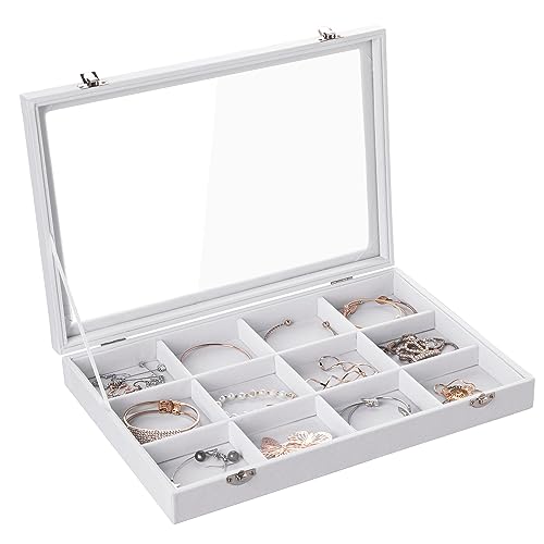 Frebeauty Schmuck Tablett 12 Gitter Samt Schmuck Organizer Aufbewahrungsbox mit klarem Deckel Schublade Schmuck Halter Vitrine mit Schließe Anhänger Armbänder Halskette für Frauen (Weiß, 12 Gitter) von Frebeauty