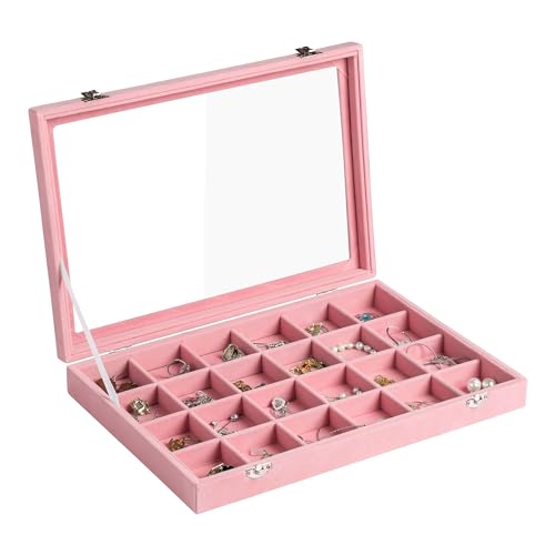 Frebeauty Schmucktablett aus Samt, 24 Fächer, Schmuck-Organizer mit transparentem Deckel, Ohrringhalter mit Verschluss, Schubladeneinsatz, Ringe, Anhänger, Broschen, 35,8 x 24,1 x 5,1 cm, Geschenk für Frebeauty Schmucktablett aus Samt, 24 Fächer, Schmuck-Organizer mit transparentem Deckel, Ohrringhalter mit Verschluss, Schubladeneinsatz, Ringe, Anhänger, Broschen, 35,8 x 24,1 x 5,1 cm, Geschenk für von Frebeauty