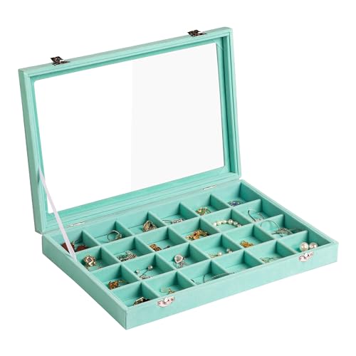 Frebeauty Schmucktablett aus Samt, 24 Fächer, Schmuck-Organizer mit transparentem Deckel, Ohrringhalter mit Verschluss, Schubladeneinsatz, Ringe, Anhänger, Broschen, 35 x 24 x 5 cm, Geschenk für von Frebeauty