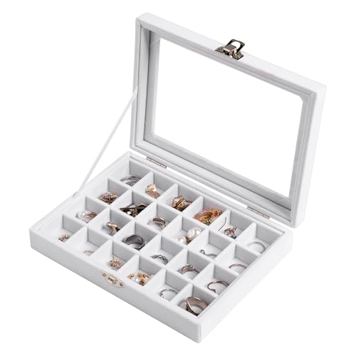 Frebeauty Schmucktablett mit 24 Fächern, Samt-Ohrstecker-Organizer, kleiner Schmuck-Organizer mit transparentem Deckel, abschließbarer Ohrringhalter, Organizer, Schmuckschatullen und Ringhalter für von Frebeauty