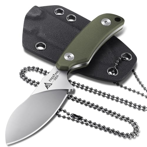 Freelander Neck Knife Messer D2-Stahl, Mini Outdoor Survival Messer mit Kydexscheide und Kugelkette, Full Tang Kleine Feststehendes Klinge mit G10 Griff, Bushcraft Jagd Scharf Neck Knife, Grün von Freelander