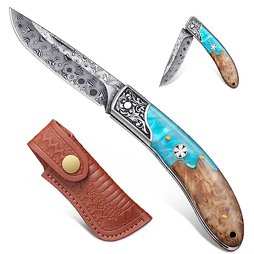 Freelander Taschenmesser Klappmesser Klein, Outdoor Klappmesser Zweihandmesser aus 5CR15 Stahl, Taschenmesser Damast mit Birnenholzgriff, EDC Messer mit Holster für Camping & Survival & Angeln Freelander Taschenmesser Klappmesser Klein, Outdoor Klappmesser Zweihandmesser aus 5CR15 Stahl, Taschenmesser Damast mit Birnenholzgriff, EDC Messer mit Holster für Camping & Survival & Angeln von Freelander