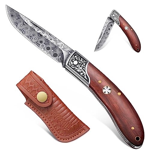 Freelander Taschenmesser Klappmesser Klein, Outdoor Klappmesser Zweihandmesser aus 5CR15 Stahl, Taschenmesser Damast mit Holzgriff, EDC Messer mit Holster für Camping & Survival & Angeln Freelander Taschenmesser Klappmesser Klein, Outdoor Klappmesser Zweihandmesser aus 5CR15 Stahl, Taschenmesser Damast mit Holzgriff, EDC Messer mit Holster für Camping & Survival & Angeln von Freelander