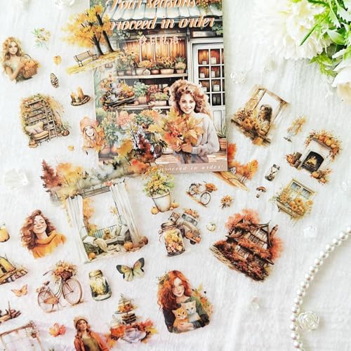 Scrapbooking Zubehör Sticker Set 20 Blätter,Fall Themed Scrapbooking Stickers Book in PET,Ästhetische Aufkleber for Decorative Notebook,Junk Journal,Bullet Journal, Photo Book(Autumn) von Frekyar