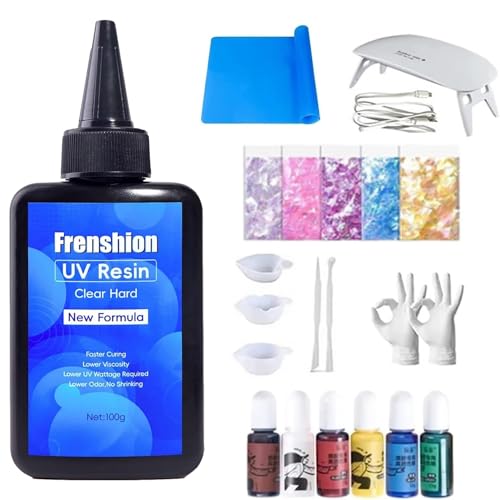 Frenshion UV Lampe+100G UV Harz, Upgrade Formula Crystal Clear Hard UV Harz+Color Pigment+Paillette+Mat+Tool+Glove UV Harz Starter Kit für die Schmuckherstellung von Frenshion