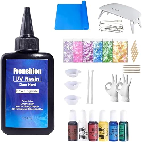 UV-Harz, Upgrade Formel 100g Niedrige Viskosität Harte Schnellere Heilung UV Harz+ Pigment+ Form+Paillette+Mat+Tool+Handschuh für die Schmuckherstellung, Casting Beschichtung und DIY Handwerk von Frenshion