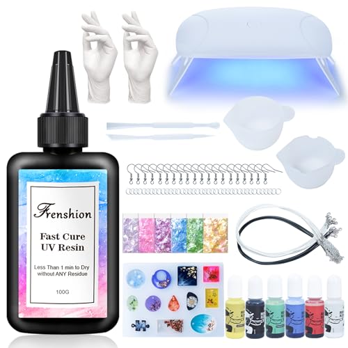 UV Lampe+100G Schnelle Heilung UV Harz Hohe Transparenz Klare harte ultraviolette Härtung UV Harz+ Farbpigment Paillette +Werkzeug +Handschuh UV Harz Starter Kit für Schmuck Herstellung von Frenshion