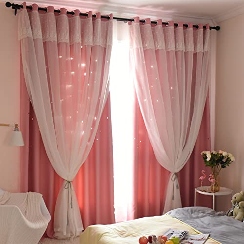 Freyamy 2er-Set Gardinen Mädchen Rosa Glänzend Sterne Spitze Vorhänge mit Ösen Halbtransparent,Kinderzimmer Vorhang für Schlafzimmer Wohnzimmer Verdunkelungsvorhang 130 x 100 cm (HxB) von Freyamy