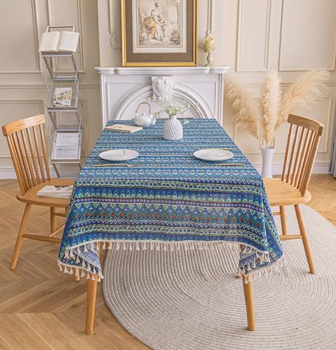 Freyamy Bohemian Tischdecke Wasserdicht Abwaschbar Tischdecken mit Quaste Baumwolle Leinen Tischwäsche Boho Vintage Tischtuch Tischbedeckung Blau Bunt Tischdekoration für Speisetisch (120x180cm) von Freyamy