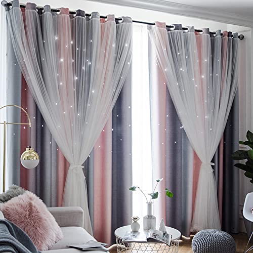 Freyamy Gardinen Rosa Grau Glänzend Sterne Vorhänge Blickdicht Kinderzimmer Halbtransparent H 160 X B 132cm Ösenvorhang 2er Set Mädchen Kindervorhänge Gardinen Verdunkelungsvorhang Wohnzimmer von Freyamy