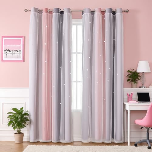 Freyamy Gardinen Rosa Grau Glänzend Sterne Vorhänge Blickdicht Kinderzimmer Halbtransparent H 200 X B 100cm Ösenvorhang 2er Set Mädchen Kindervorhänge Gardinen Verdunkelungsvorhang Wohnzimmer von Freyamy