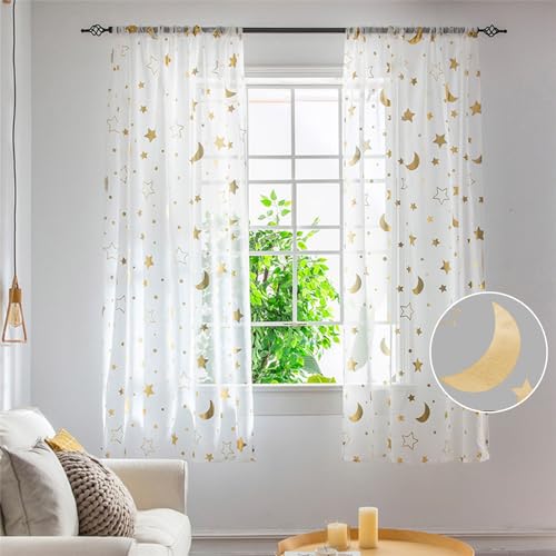 Freyamy Transparent Sterne Vorhang kinderzimmer vorhänge Mädchen Spitze Voile Spitzenvorhänge mit Stangendurchzug für Wohnzimmer halbtransparent Stangentaschenvorhang Gardinen 140x220cm,Gold,2er Set von Freyamy