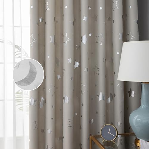 Freyamy Vorhang Blickdicht Beige Mond Sternenvorhänge 2 Stück,230x170cm (HxB) Niedliche Vorhänge mit Ösen Lichtundurchlässig thermovorhang kälteschutz Gardinen Lärmschutz für Kindervorhänge von Freyamy