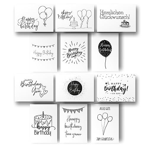 Freyheit | 12x Stilvolle Geburtstagskarten (Format A6) | Schwarz-Weiße Geburtstagskarten Klappkarten mit hochwertigem Kraft Umschlag von Freyheit