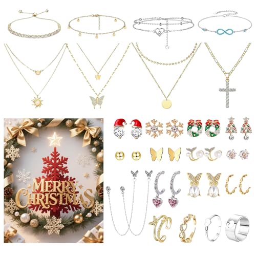Frfik Weihnachtscountdown | 25-Tage Weihnachtsschmuckset,Ohrringe Anhänger Armband Ringe Schmuck Für Saisonale Feste Ostern Valentinstag Halloween von Frfik