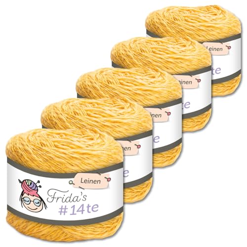 Frida's Wollhaus 5 x 100 g Frida‘s #14te Leinen Wolle Sommergarn Stricken Häkeln weich 40 Farben (7306 | Gelb) von Frida's Wollhaus