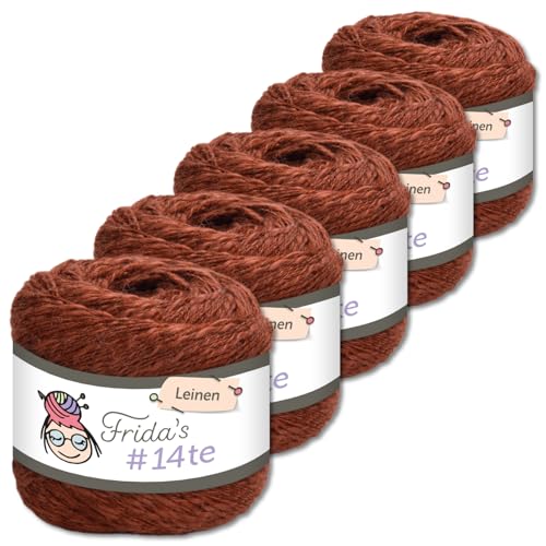 Frida's Wollhaus 5 x 100 g Frida‘s #14te Leinen Wolle Sommergarn Stricken Häkeln weich 40 Farben (7309 | Braun) von Frida's Wollhaus