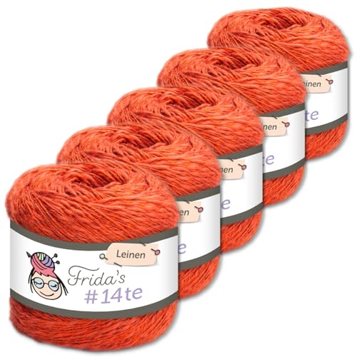 Frida's Wollhaus 5 x 100 g Frida‘s #14te Leinen Wolle Sommergarn Stricken Häkeln weich 40 Farben (7310 | Orange) von Frida's Wollhaus