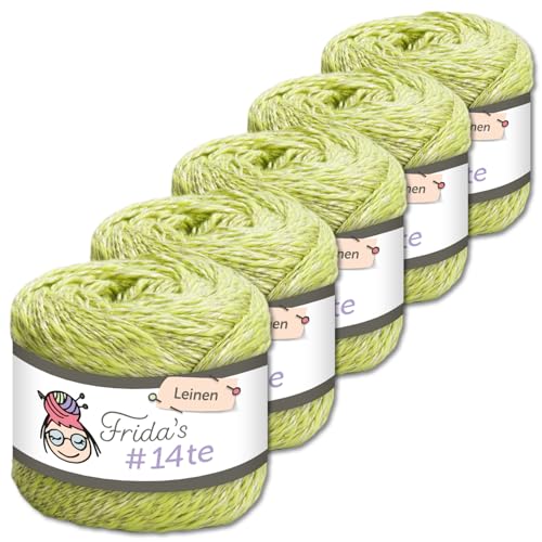 Frida's Wollhaus 5 x 100 g Frida‘s #14te Leinen Wolle Sommergarn Stricken Häkeln weich 40 Farben (7311 | Lindgrün) von Frida's Wollhaus