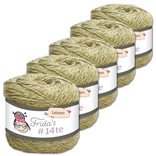 Frida's Wollhaus 5 x 100 g Frida‘s #14te Leinen Wolle Sommergarn Stricken Häkeln weich 40 Farben (7313 | Oliv) von Frida's Wollhaus
