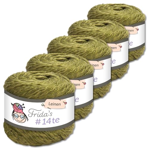 Frida's Wollhaus 5 x 100 g Frida‘s #14te Leinen Wolle Sommergarn Stricken Häkeln weich 40 Farben (7314 | Moos) von Frida's Wollhaus