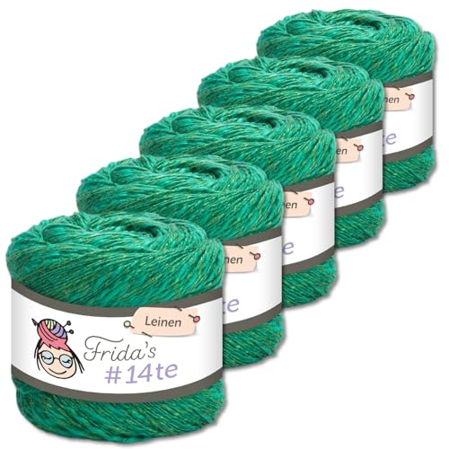 Frida's Wollhaus 5 x 100 g Frida‘s #14te Leinen Wolle Sommergarn Stricken Häkeln weich 40 Farben (7315 | Türkis) von Frida's Wollhaus