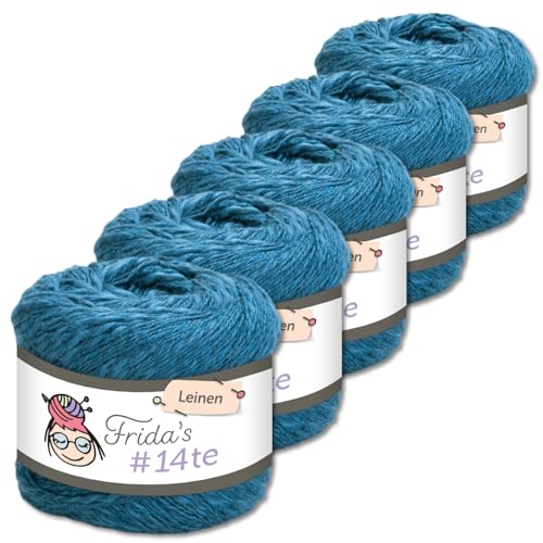 Frida's Wollhaus 5 x 100 g Frida‘s #14te Leinen Wolle Sommergarn Stricken Häkeln weich 40 Farben (7317 | Blau) von Frida's Wollhaus