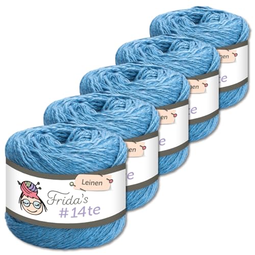 Frida's Wollhaus 5 x 100 g Frida‘s #14te Leinen Wolle Sommergarn Stricken Häkeln weich 40 Farben (7318 | Himmelblau) von Frida's Wollhaus
