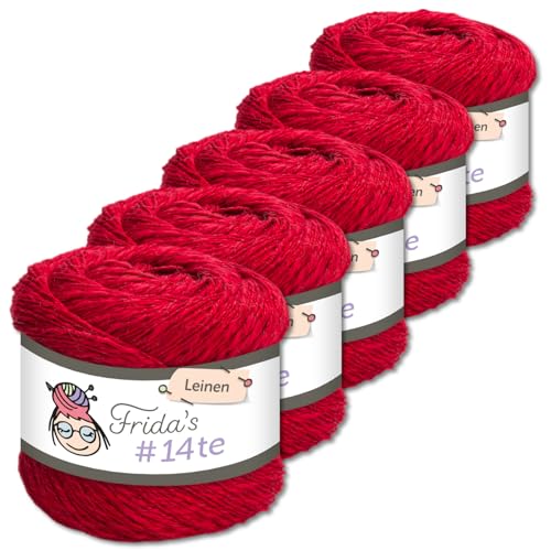 Frida's Wollhaus 5 x 100 g Frida‘s #14te Leinen Wolle Sommergarn Stricken Häkeln weich 40 Farben (7323 | Rot) von Frida's Wollhaus