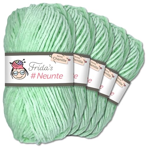 Frida's Wollhaus 5 x 100 g Frida's #Neunte feines Chenillegarn Wolle Stricken Häkeln 29 Farben (845 | Mint) von Frida's Wollhaus