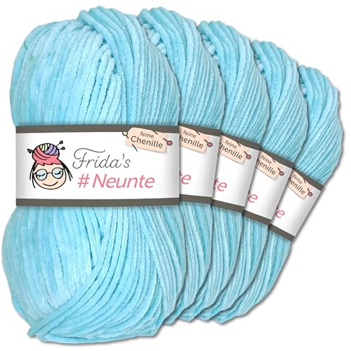 Frida's Wollhaus 5 x 100 g Frida's #Neunte feines Chenillegarn Wolle Stricken Häkeln 29 Farben (851 | Babyblau) von Frida's Wollhaus