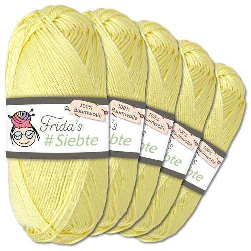 Frida's Wollhaus 5 x 50 g Frida‘s #Siebte ägyptisches Baumwollgarn Stricken Häkeln Wolle 43 Farben (1203 | Hellgelb) von Frida's Wollhaus