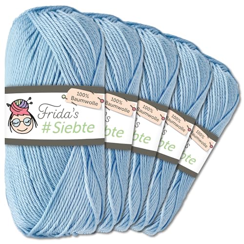 Frida's Wollhaus 5 x 50 g Frida‘s #Siebte ägyptisches Baumwollgarn Stricken Häkeln Wolle 43 Farben (1209 | Hellblau) von Frida's Wollhaus
